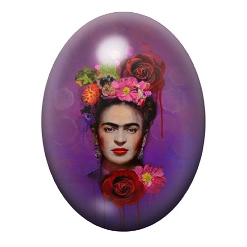 Cabochon en Verre Illustré Frida Kahlo aux Roses sur Fond Violet 13x18, 18x25 ou 30x40mm