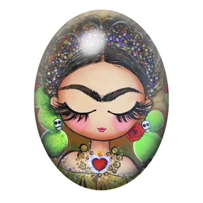Cabochon en Verre Illustré Petite Frida Kahlo aux Oiseaux Verts 13x18, 18x25 ou 30x40mm