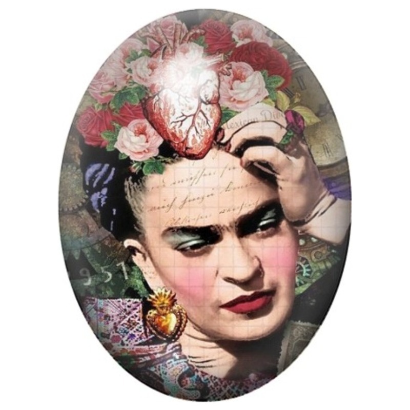 Cabochon en Verre Illustré Frida Kahlo au Bouquet de Roses 13x18, 18x25 ou 30x40mm