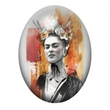 Cabochon en Verre Illustré Frida Kahlo en Collage Orange et Noir 13x18, 18x25 ou 30x40mm pour la création de bijoux fantaisie - 
