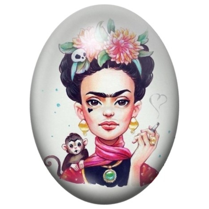Cabochon en Verre Illustré Frida Kahlo avec son Singe 13x18, 18x25 ou 30x40mm