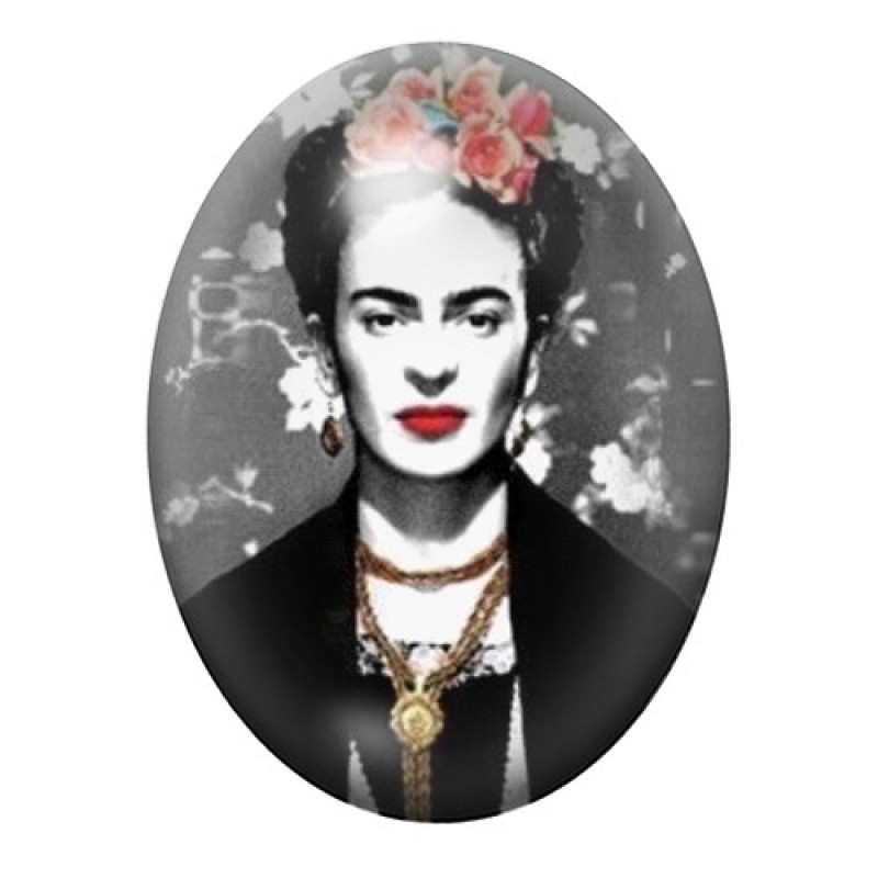 Cabochon en Verre Illustré Frida Kahlo en Noir et Blanc aux Lèvres Rouges 13x18, 18x25 ou 30x40mm