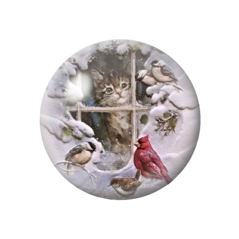 Cabochon en Verre Illustré Chat Oiseaux Hiver Noël 12 à 25mm