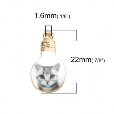 2 Breloques Ampoules avec Chat en Émail Métal Doré 22x12mm