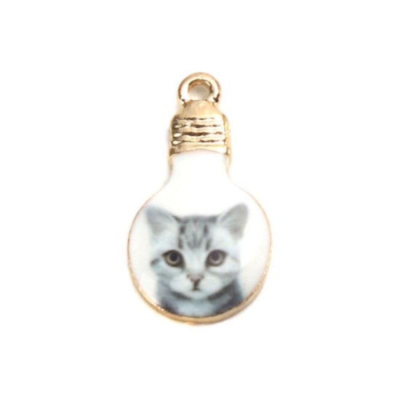 2 Breloques Ampoules avec Chat en Émail Métal Doré 22x12mm