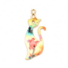 2 Breloques Chat Coloré en Émail Métal Doré 37x13mm pour la Création de Bijoux Fantaisie - DIY