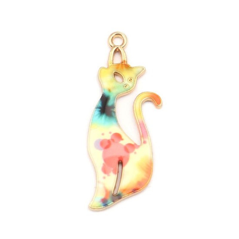 2 Breloques Chats Colorés en Émail Métal Doré 37x13mm