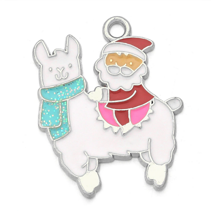 Breloque Lama Père Noël en Émail Pailleté Métal Argenté 27x21mm