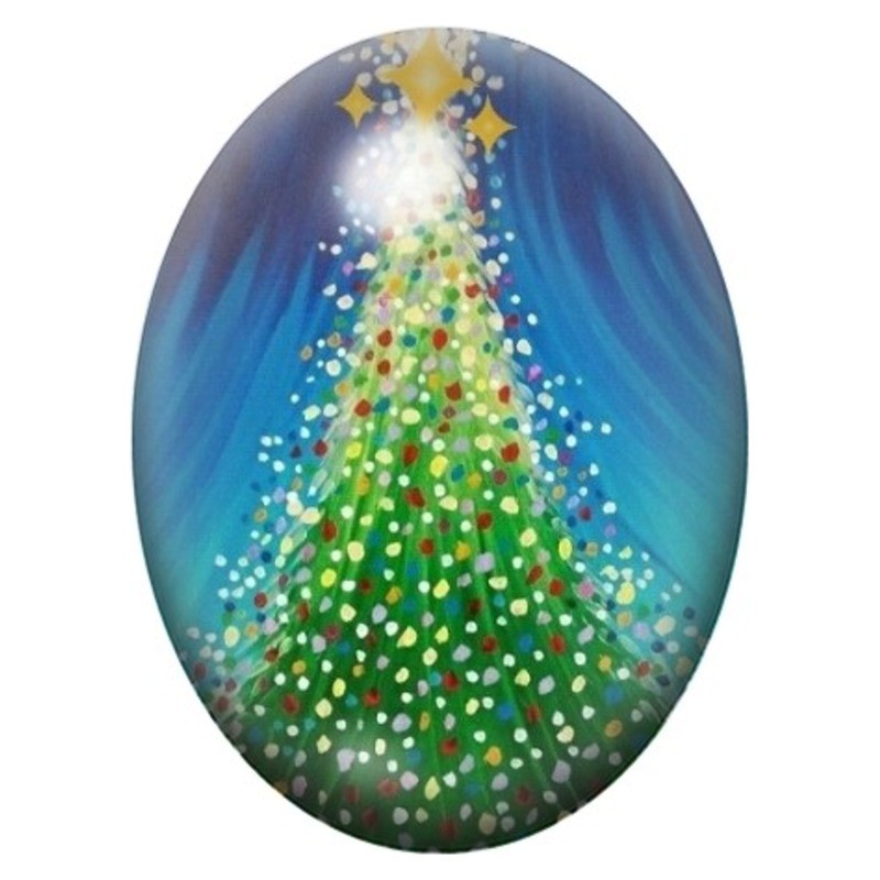 Cabochon en Verre Illustré Sapin Lumineux sous l’Étoile Dorée 13x18, 18x25 ou 30x40mm