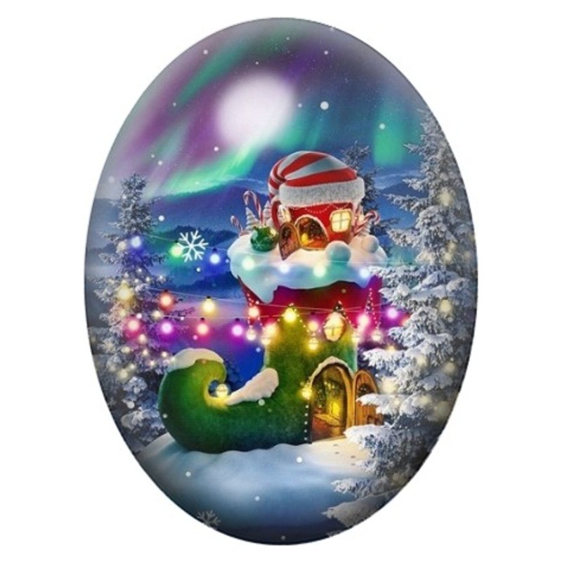Cabochon en Verre Illustré Maison de Lutin sous les Aurores Boréales 13x18, 18x25 ou 30x40mm