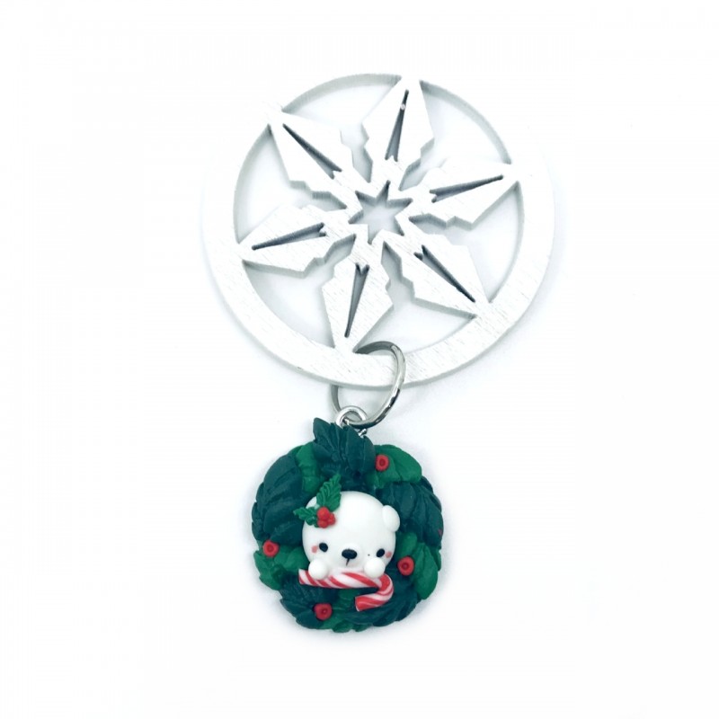 Grande Breloque Ourson Couronne de Noël en Pâte Polymère Fimo 71X48mm