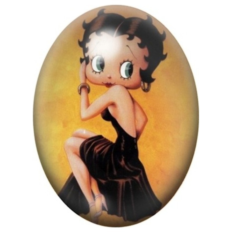 Cabochon en Verre Illustré Betty Boop en Robe Noire sur Fond Doré 13x18, 18x25 ou 30x40mm