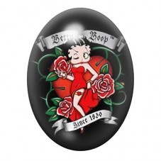 Cabochon en Verre Illustré Betty Boop Rockabilly aux Roses Rouges 13x18, 18x25 ou 30x40mm pour la création de bijoux fantaisie -