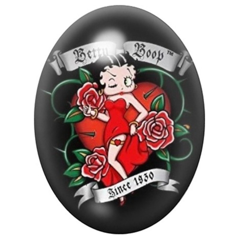 Cabochon en Verre Illustré Betty Boop Rockabilly aux Roses Rouges 13x18, 18x25 ou 30x40mm