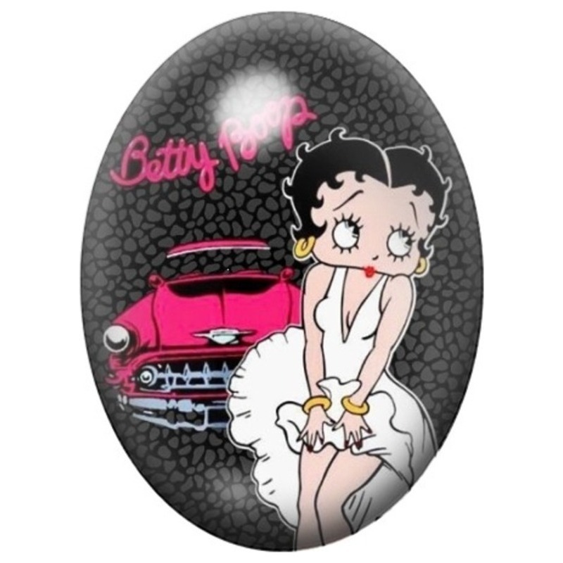 Cabochon en Verre Illustré Betty Boop avec sa Voiture Rose 13x18, 18x25 ou 30x40mm