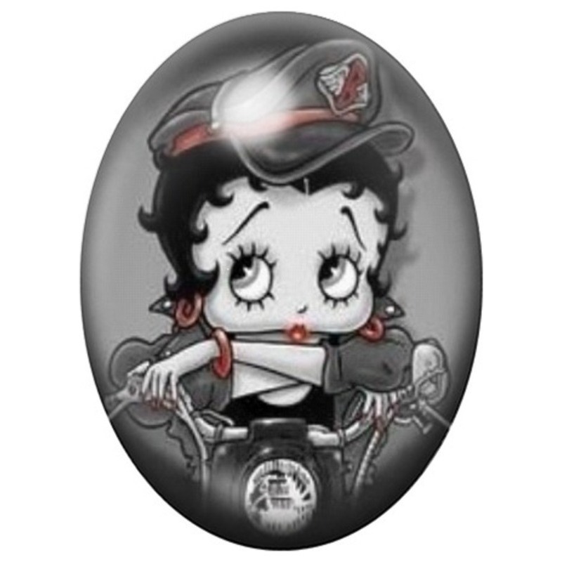 Cabochon en Verre Illustré Betty Boop Motarde sur sa Moto 13x18, 18x25 ou 30x40mm