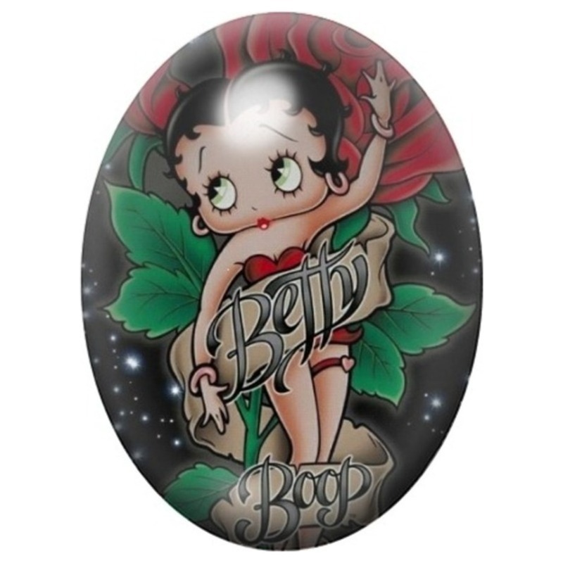 Cabochon en Verre Illustré Betty Boop parmi les Feuilles Tropicales 13x18, 18x25 ou 30x40mm