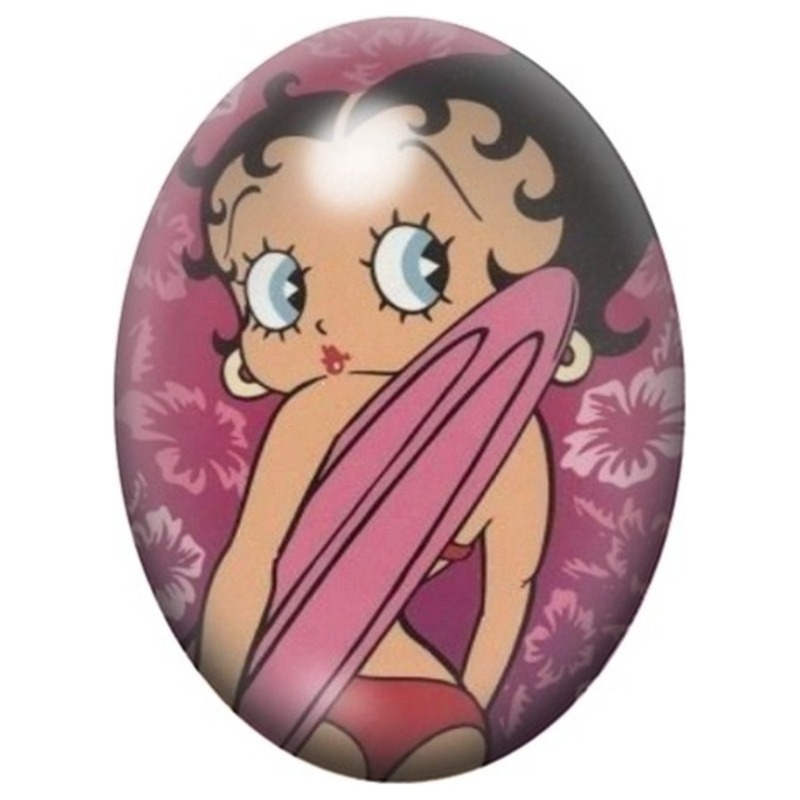 Cabochon en Verre Illustré Betty Boop avec sa Planche de Surf 13x18, 18x25 ou 30x40mm