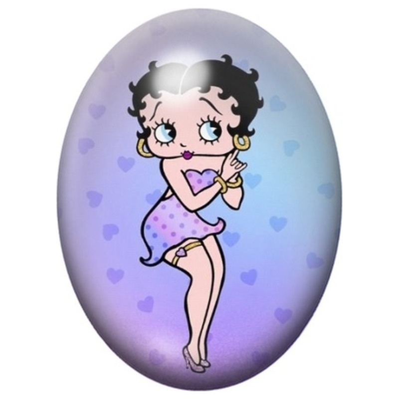 Cabochon en Verre Illustré Betty Boop en Robe Violette à Cœurs 13x18, 18x25 ou 30x40mm