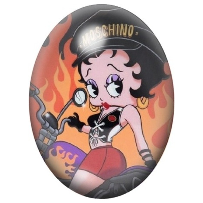 Cabochon en Verre Illustré Betty Boop Motarde dans les Flammes 13x18, 18x25 ou 30x40mm
