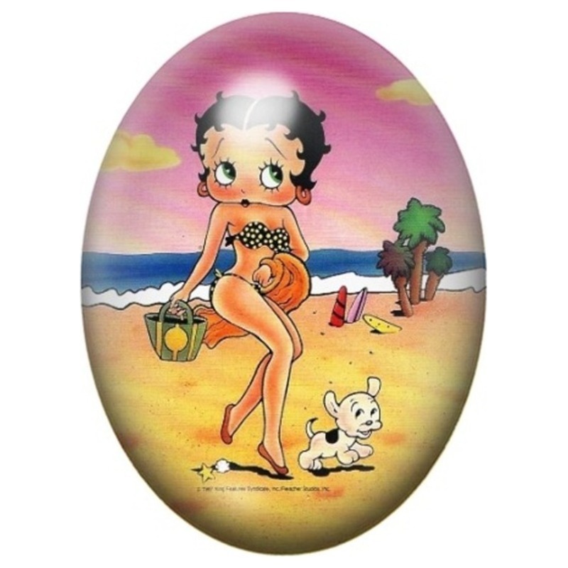 Cabochon en Verre Illustré Betty Boop à la Plage avec son Chien 13x18, 18x25 ou 30x40mm