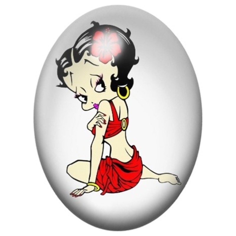 Cabochon en Verre Illustré Betty Boop Assise en Robe Rouge 13x18, 18x25 ou 30x40mm