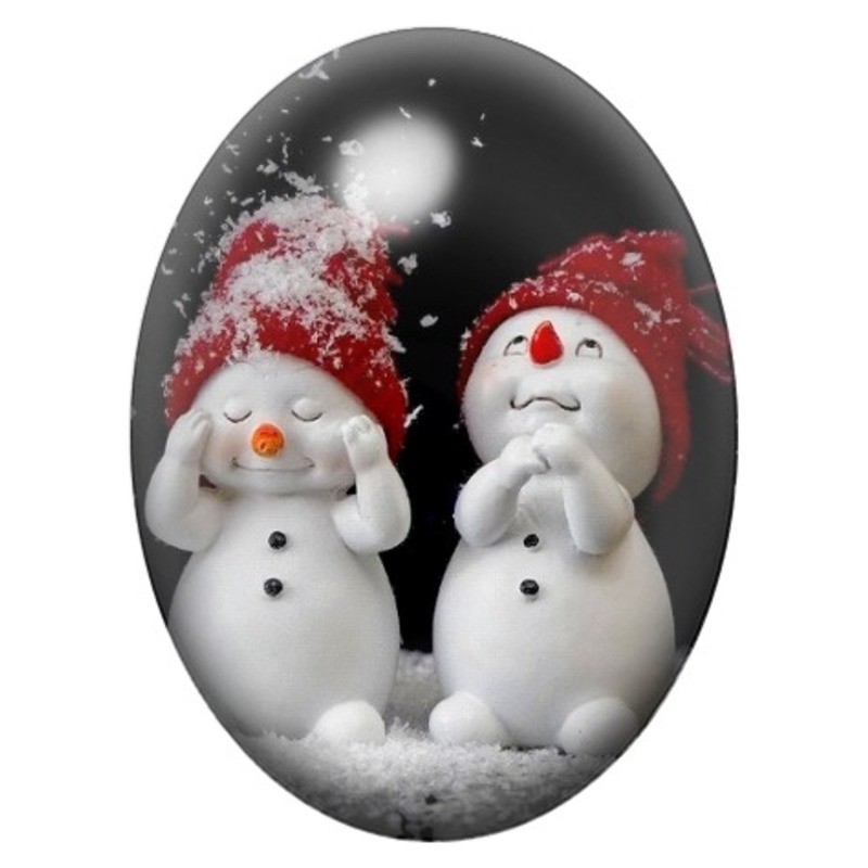 Cabochon en Verre Illustré Deux Bonhommes de Neige au Bonnet Rouge 13x18, 18x25 ou 30x40mm