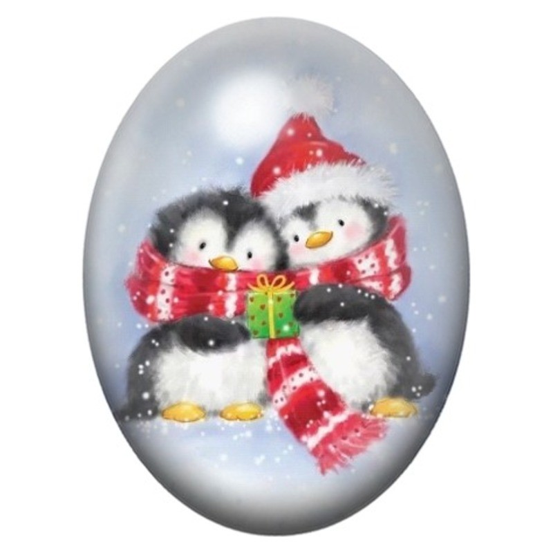 Cabochon en Verre Illustré Deux Pingouins avec un Cadeau 13x18, 18x25 ou 30x40mm
