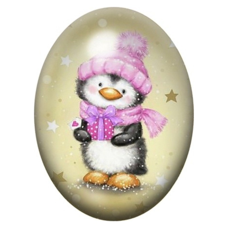 Cabochon en Verre Illustré Pingouin au Bonnet Rose 13x18, 18x25 ou 30x40mm