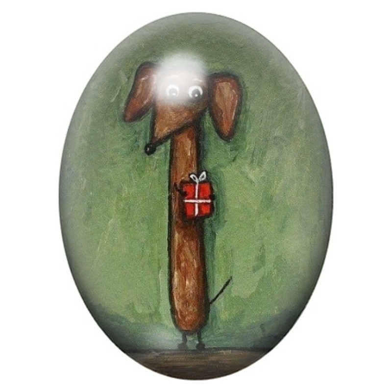 Cabochon en Verre Illustré Teckel avec Petit Cadeau Rouge 13x18, 18x25 ou 30x40mm