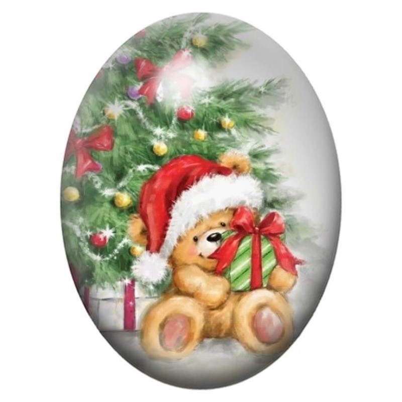 Cabochon en Verre Illustré Ourson au Cadeau sous le Sapin 13x18, 18x25 ou 30x40mm
