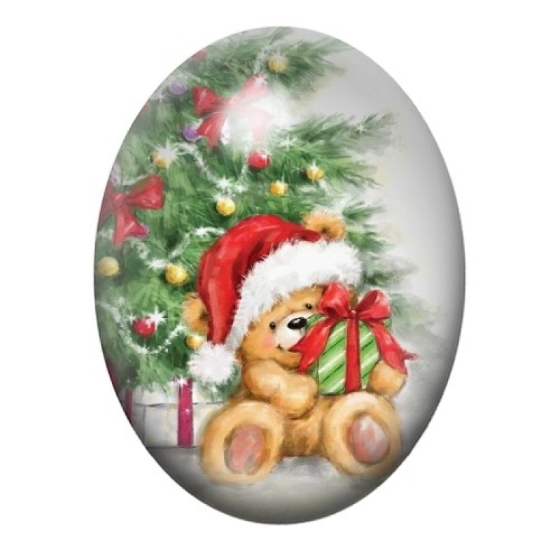 Cabochon en Verre Illustré Ourson de Noël 13x18, 18x25 ou 30x40mm