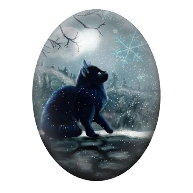 Cabochon en Verre Illustré Chat Hiver Noël 13x18, 18x25 ou 30x40mm