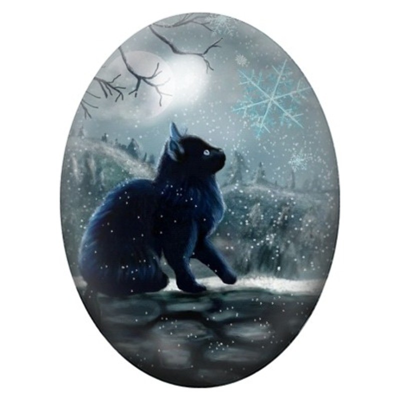 Cabochon en Verre Illustré Chat Noir sous la Neige 13x18, 18x25 ou 30x40mm