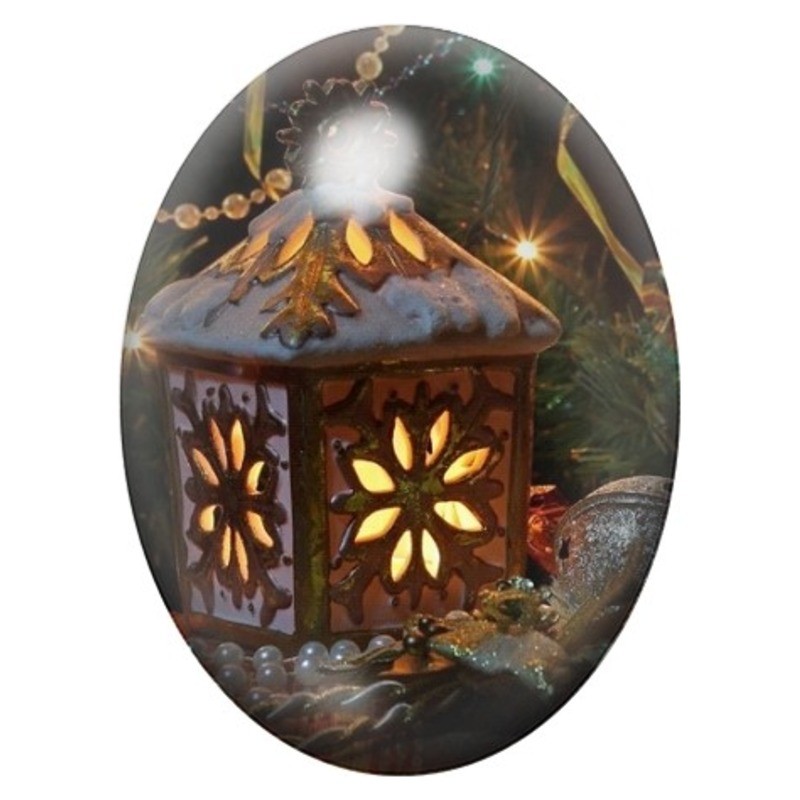 Cabochon en Verre Illustré Lanterne Dorée dans les Branches de Sapin 13x18, 18x25 ou 30x40mm