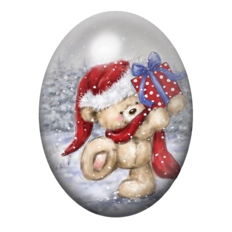 Cabochon en Verre Illustré Ourson de Noël 13x18, 18x25 ou 30x40mm