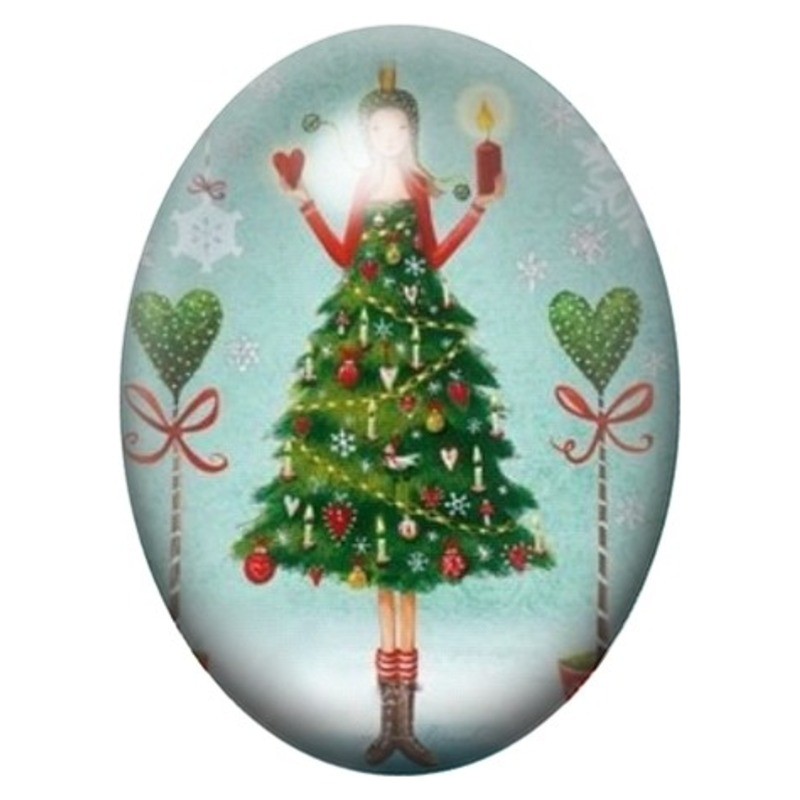 Cabochon en Verre Illustré Femme en Robe Sapin de Noël 13x18, 18x25 ou 30x40mm