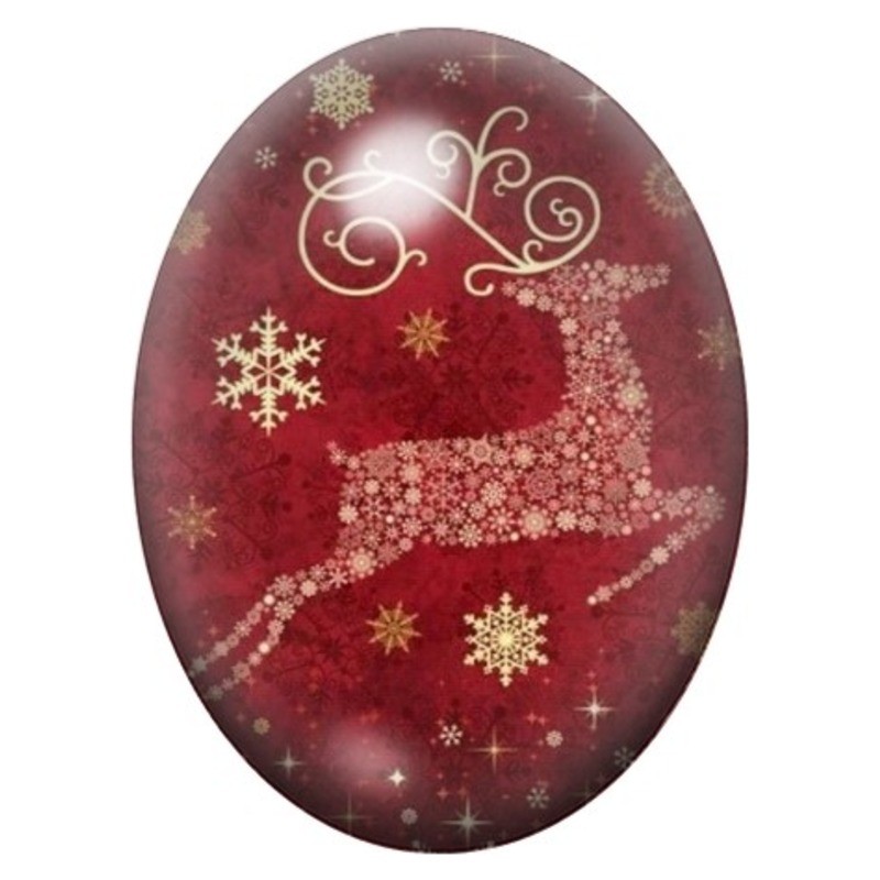 Cabochon en Verre Illustré Renne Doré sur Fond Rouge 13x18, 18x25 ou 30x40mm
