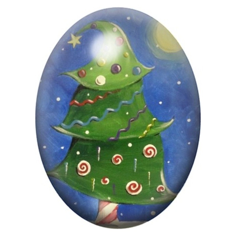 Cabochon en Verre Illustré Sapin Vert aux Spirales Colorées 13x18, 18x25 ou 30x40mm
