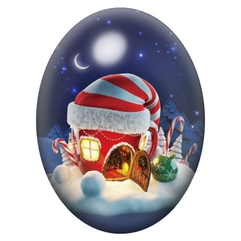 Cabochon en Verre Illustré Maison au Bonnet de Noël 13x18, 18x25 ou 30x40mm