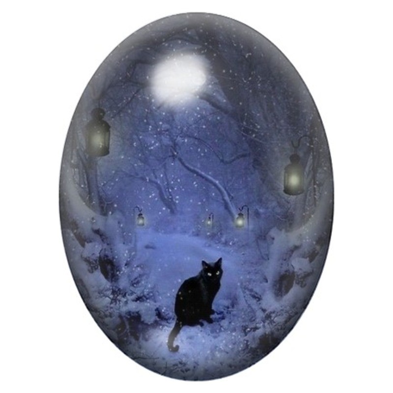 Cabochon en Verre Illustré Chat Noir dans la Nuit d’Hiver 13x18, 18x25 ou 30x40mm