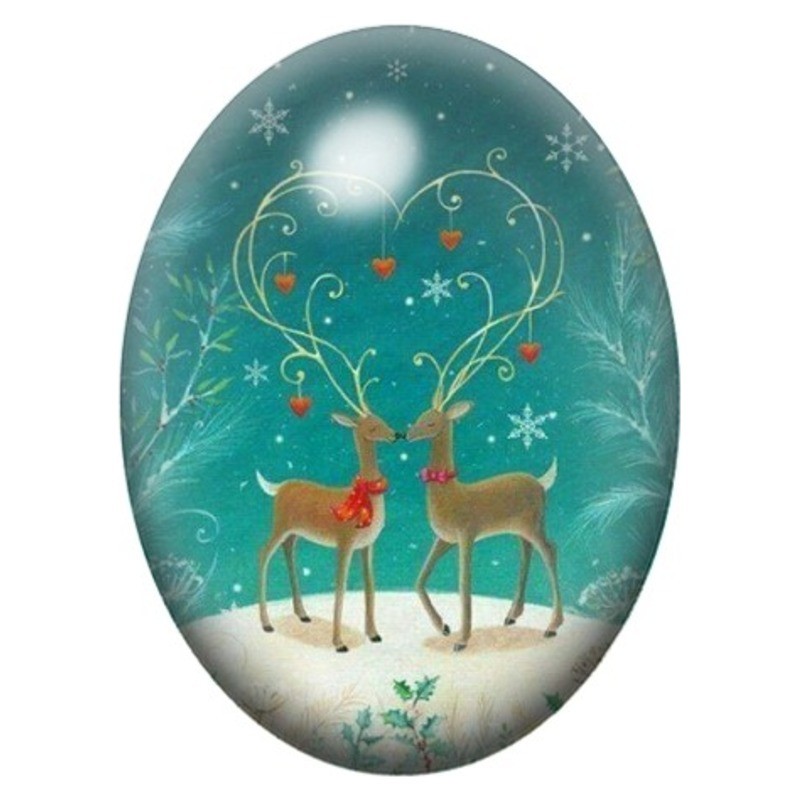 Cabochon en Verre Illustré Deux Rennes sous la Neige 13x18, 18x25 ou 30x40mm