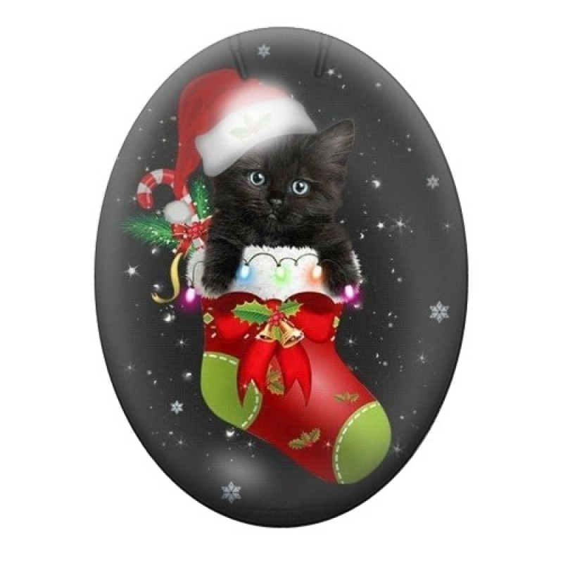 Cabochon en Verre Illustré Chat Chaussette de Noël 13x18, 18x25 ou 30x40mm