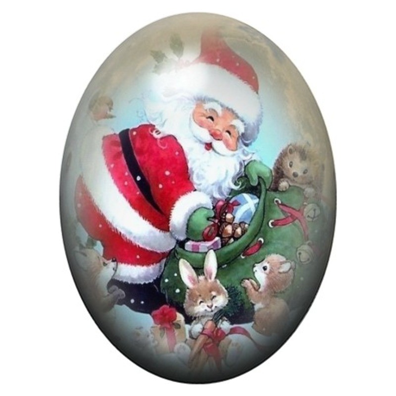 Cabochon en Verre Illustré Père Noël avec les Animaux de la Forêt 13x18, 18x25 ou 30x40mm