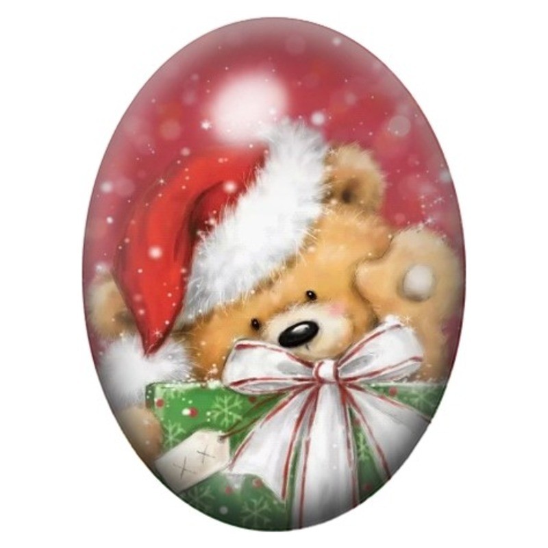 Cabochon en Verre Illustré Ourson dans un Cadeau de Noël 13x18, 18x25 ou 30x40mm