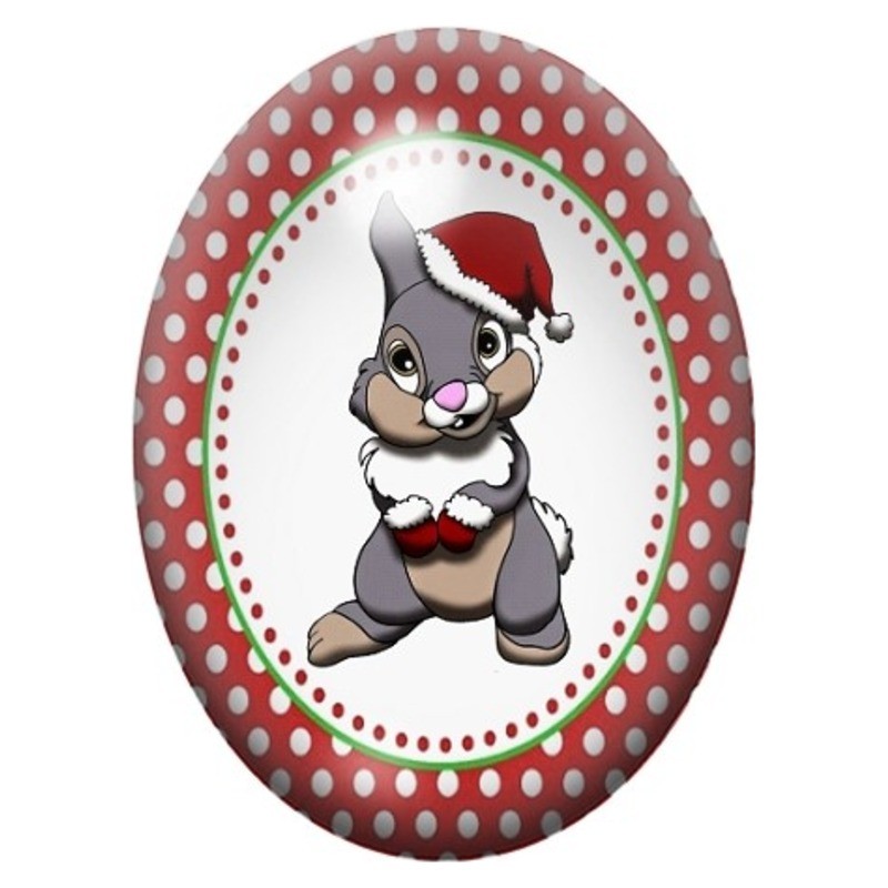 Cabochon en Verre Illustré Lapin Gris au Bonnet de Noël 13x18, 18x25 ou 30x40mm