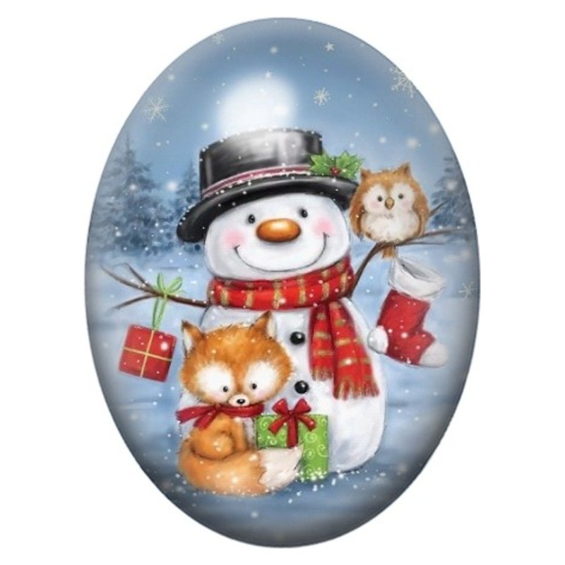 Cabochon en Verre Illustré Bonhomme de Neige avec les Animaux 13x18, 18x25 ou 30x40mm