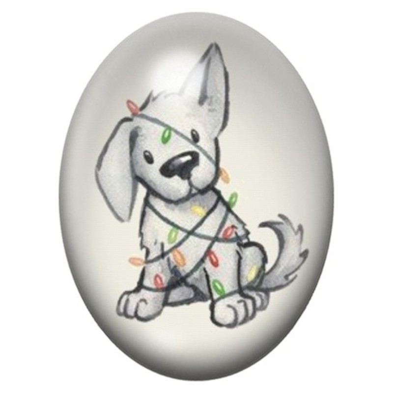 Cabochon en Verre Illustré Chien Pris dans une Guirlande de Noël 13x18, 18x25 ou 30x40mm