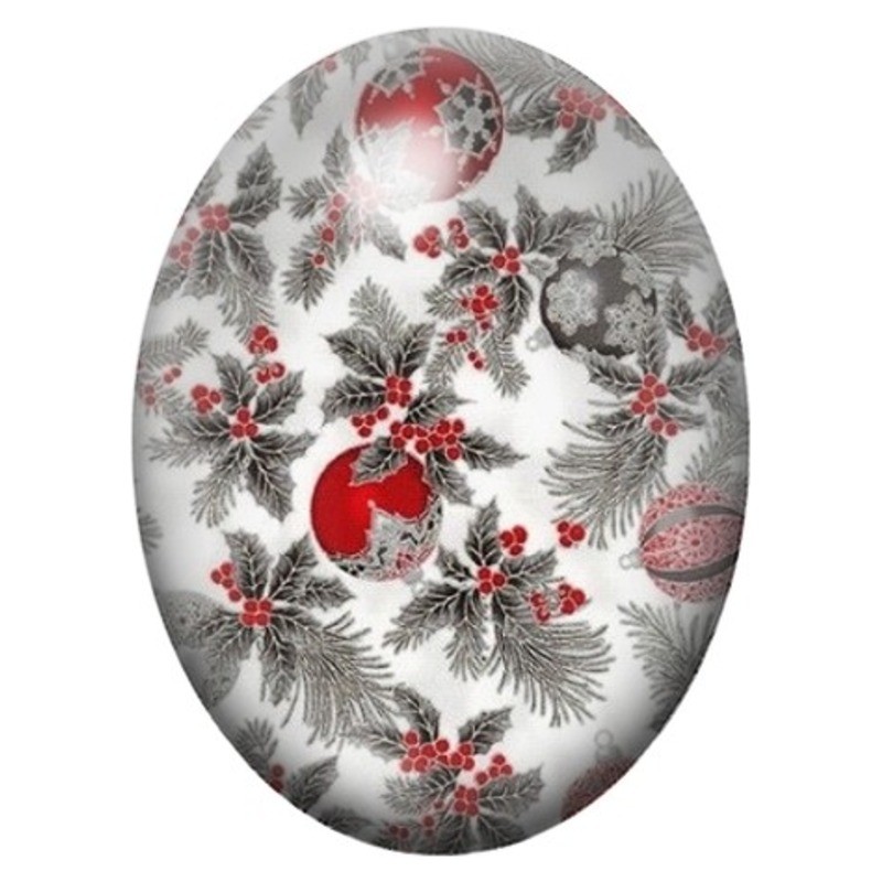 Cabochon en Verre Illustré Branches de Sapin et Boules Rouges 13x18, 18x25 ou 30x40mm