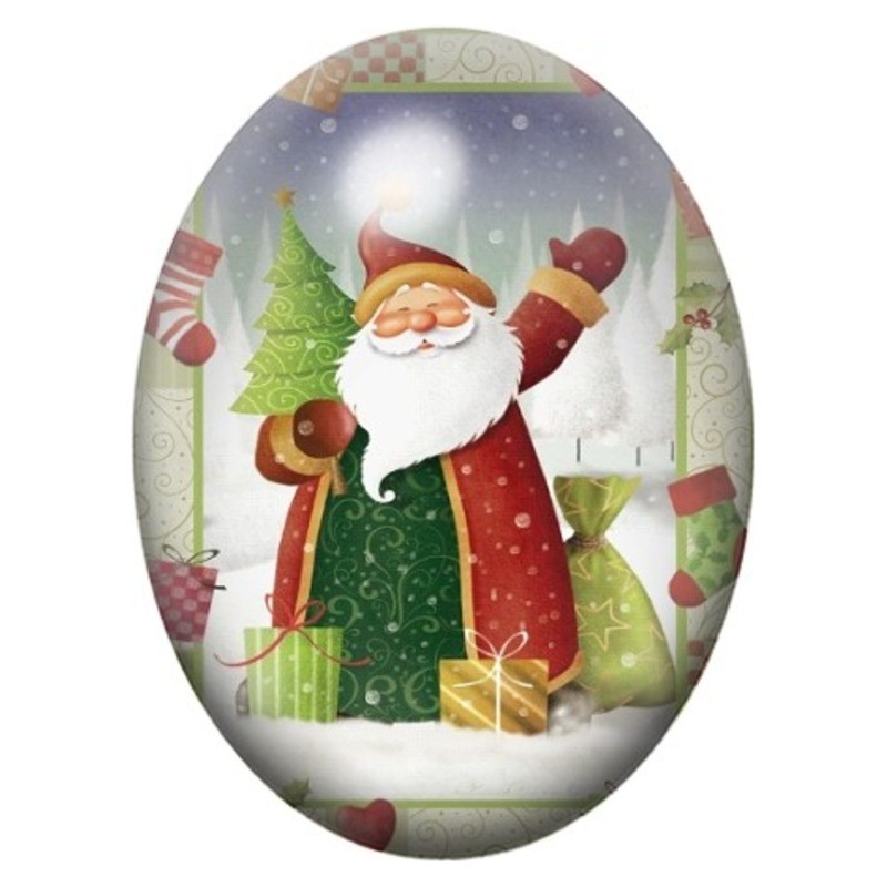 Cabochon en Verre Illustré Père Noël avec sa Hotte de Cadeaux 13x18, 18x25 ou 30x40mm